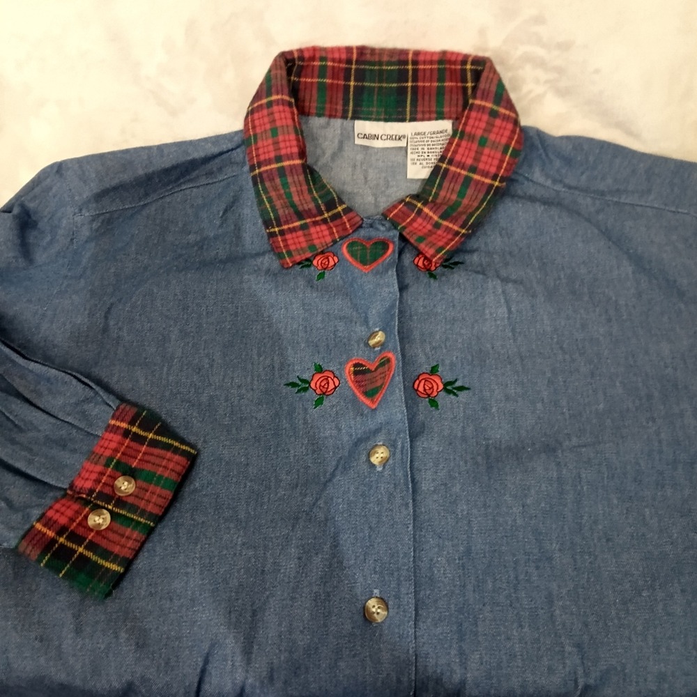 Vtg Cabin Creek Denim Button Shirt Large Plaid Collar Embroidered Roses Hearts